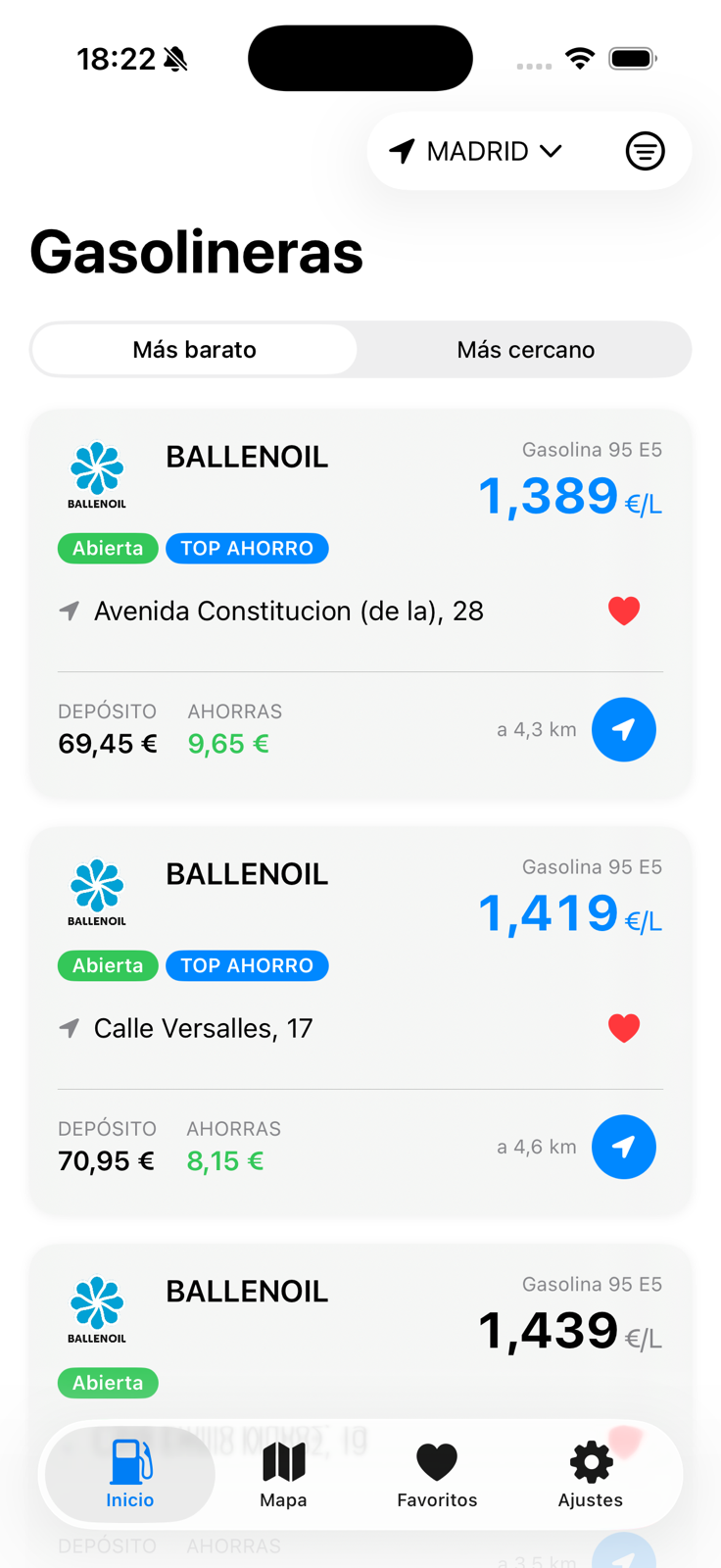 Lista real de CholloGas ordenada por precio, con ahorro por depósito y distancia.