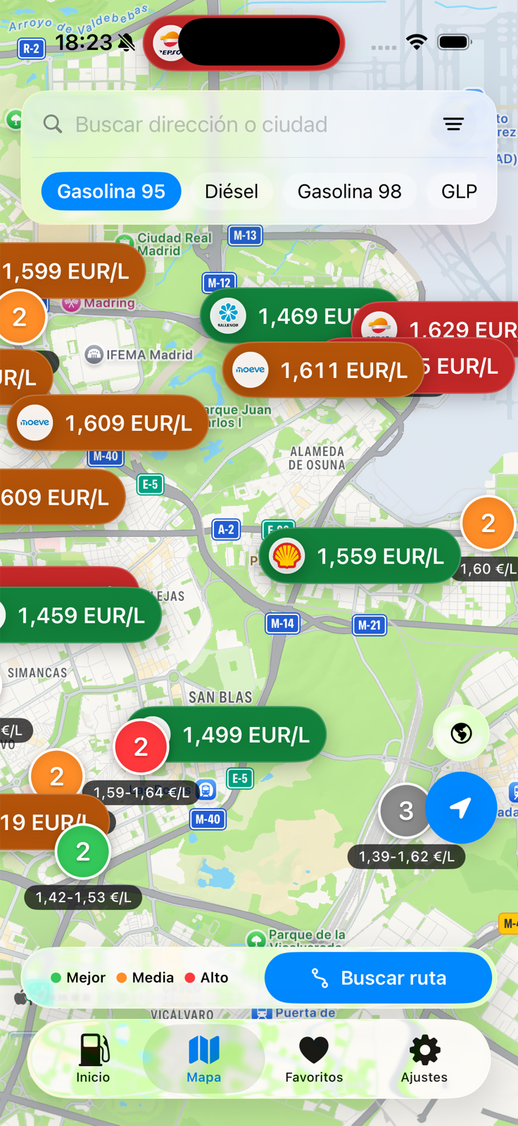Mapa de CholloGas mostrando precios por zona, filtros de combustible y acceso directo para buscar ruta.