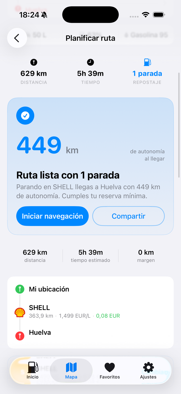 Pantalla real de planificación de ruta con una parada recomendada y autonomía al llegar.